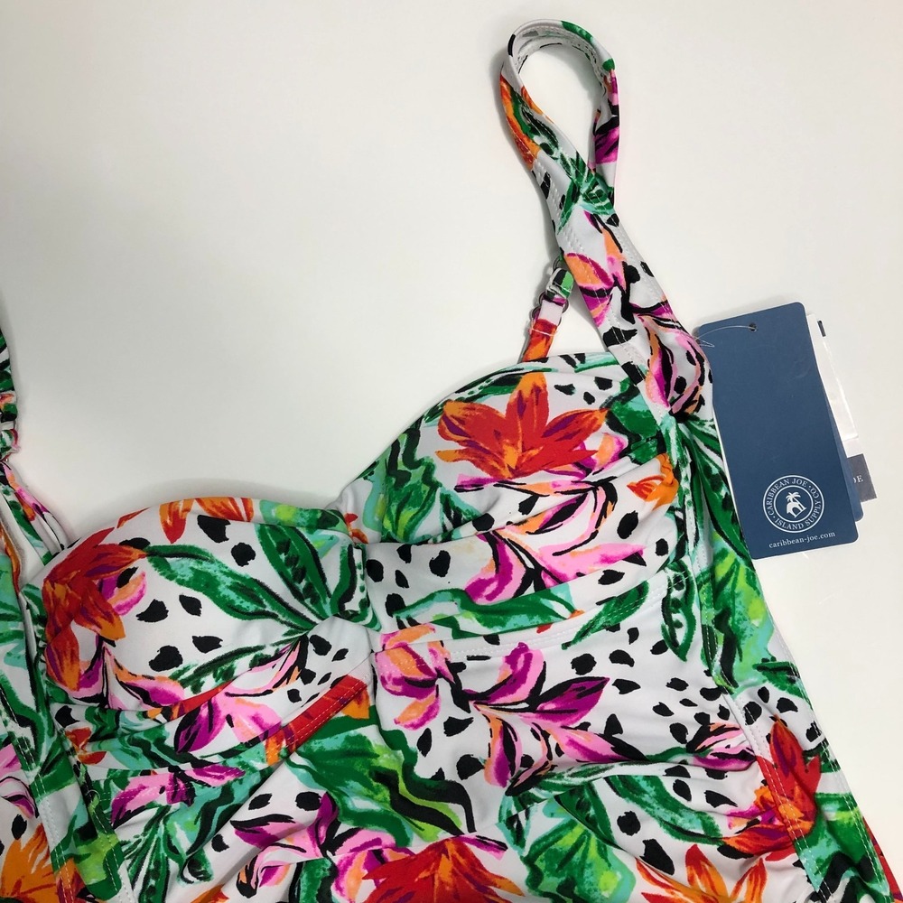 Caribbean Joe Tankini Top Women's Medium White Floral Print Shirred Swimwear